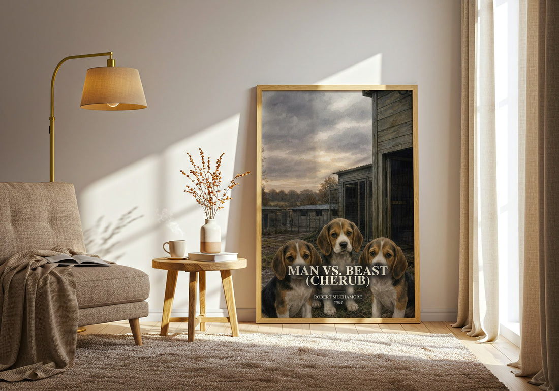Man vs. Beast (Cherub) watercolour print in frame leaning in hallway – young adult wall art