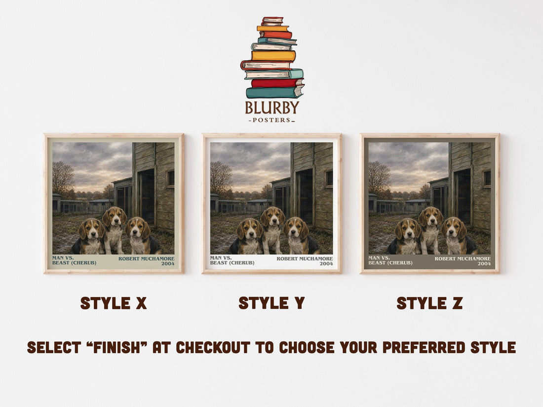 Man vs. Beast (Cherub) literary print in frame leaning in hallway – young adult wall art (mockup)