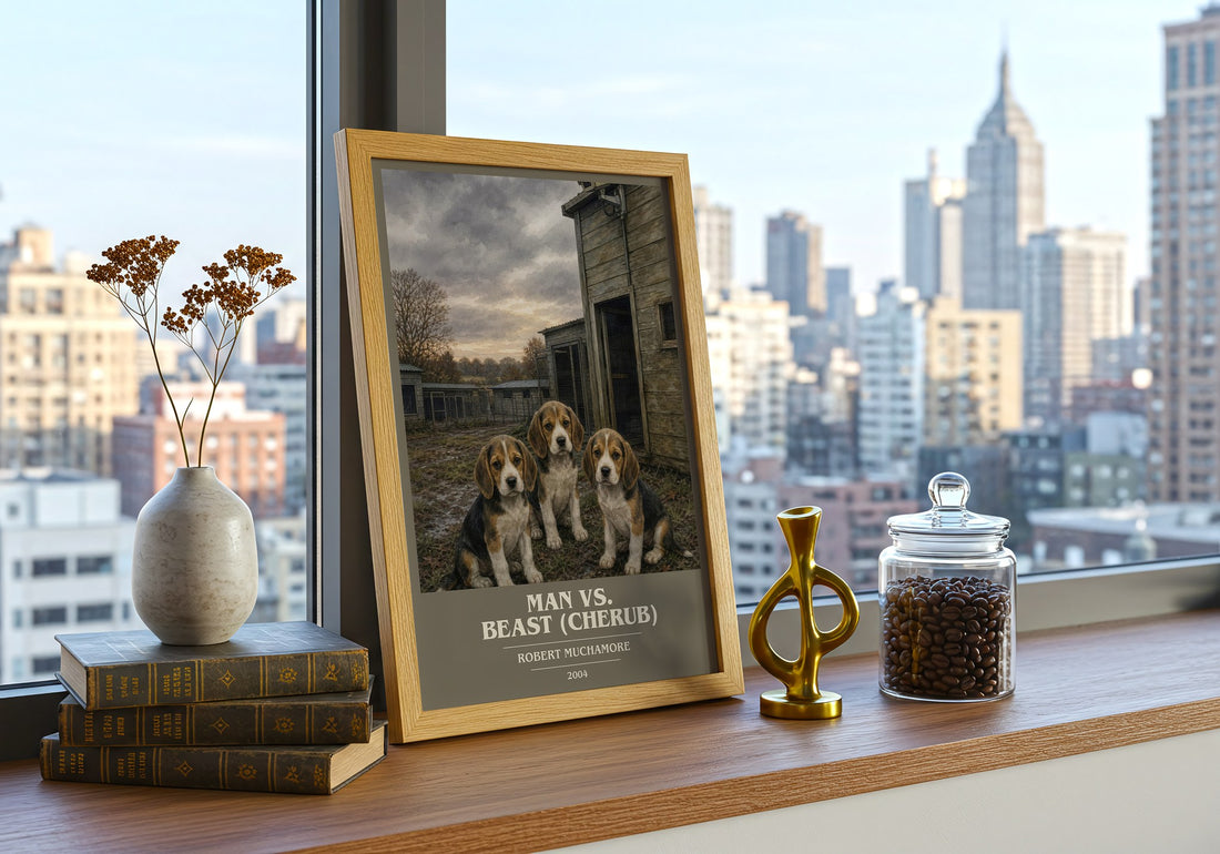 Man vs. Beast (Cherub) book cover print framed by window – literary home decor