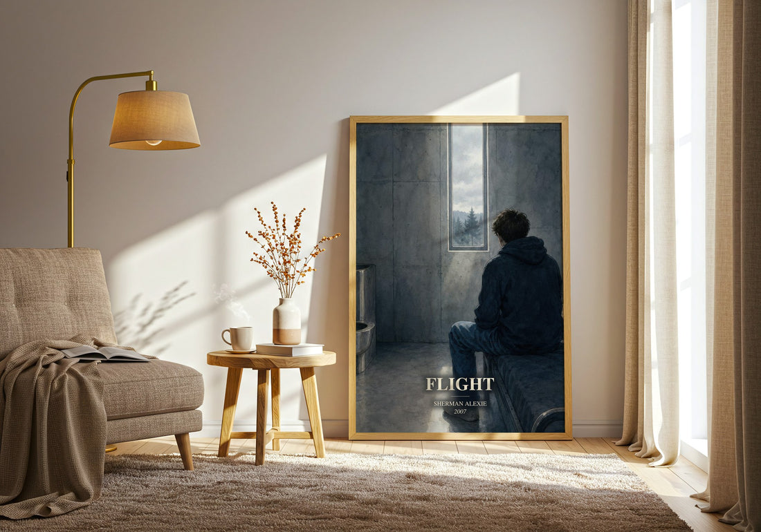 Flight watercolour print in frame leaning in hallway – contemporary fiction wall art