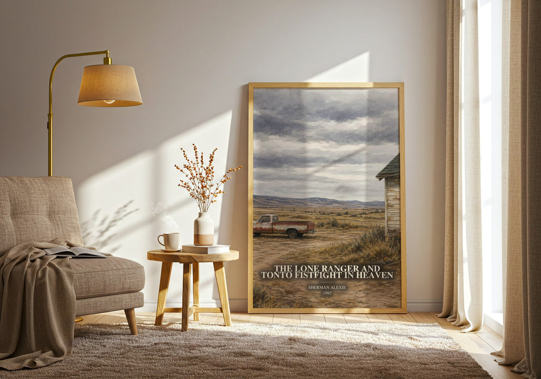 The Lone Ranger and Tonto fistfight in heaven watercolour print in frame leaning in hallway – literary fiction wall art