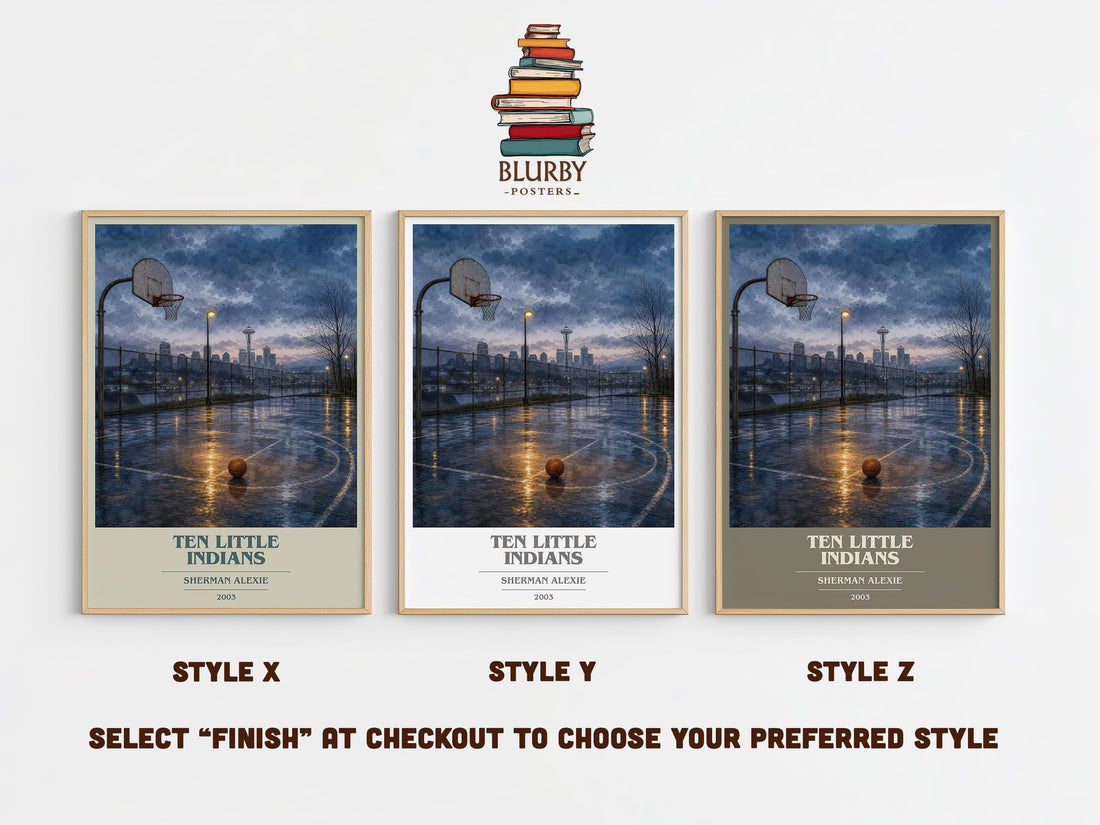 Ten Little Indians book cover print in frame leaning in hallway – contemporary fiction wall art (mockup)