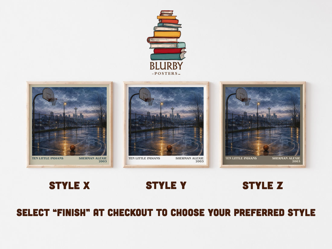 Ten Little Indians literary print in frame leaning in hallway – contemporary fiction wall art (mockup)