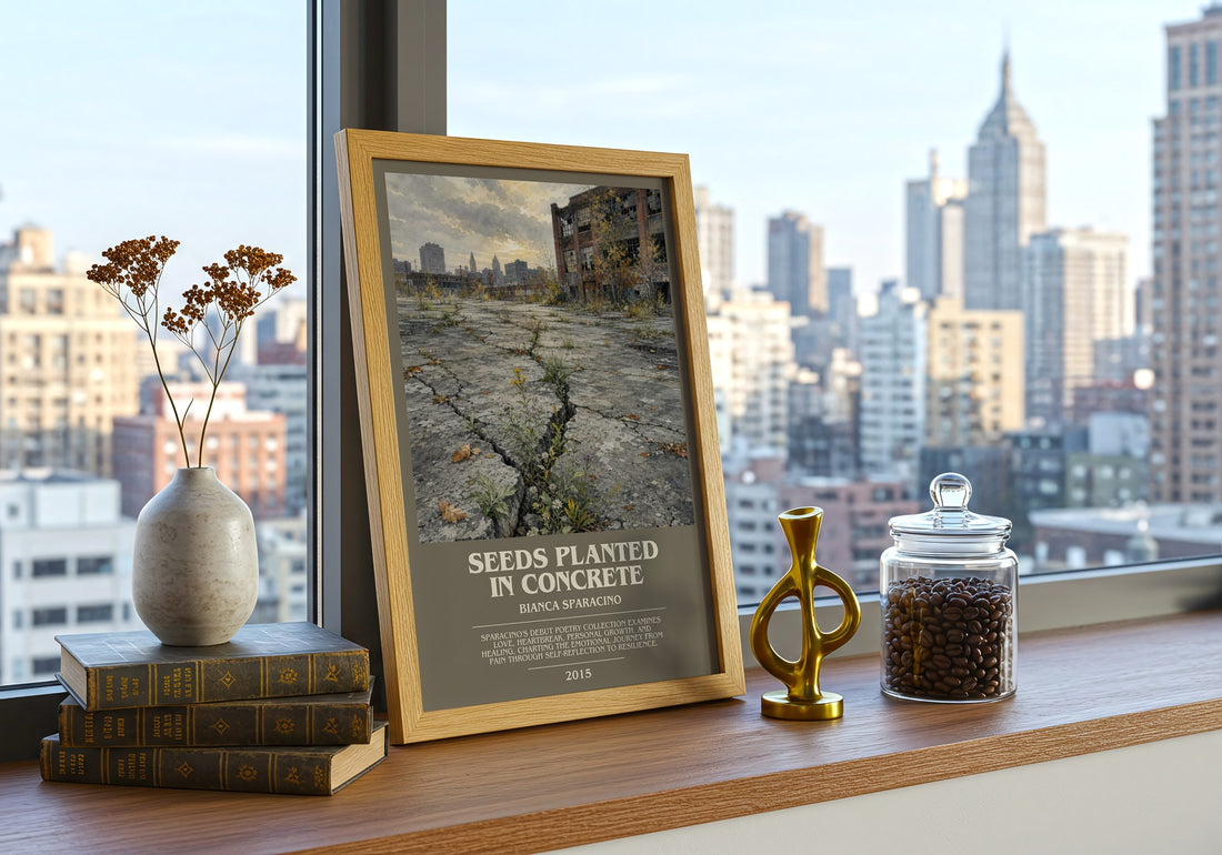 Seeds Planted in Concrete bookish print framed by window – literary home decor