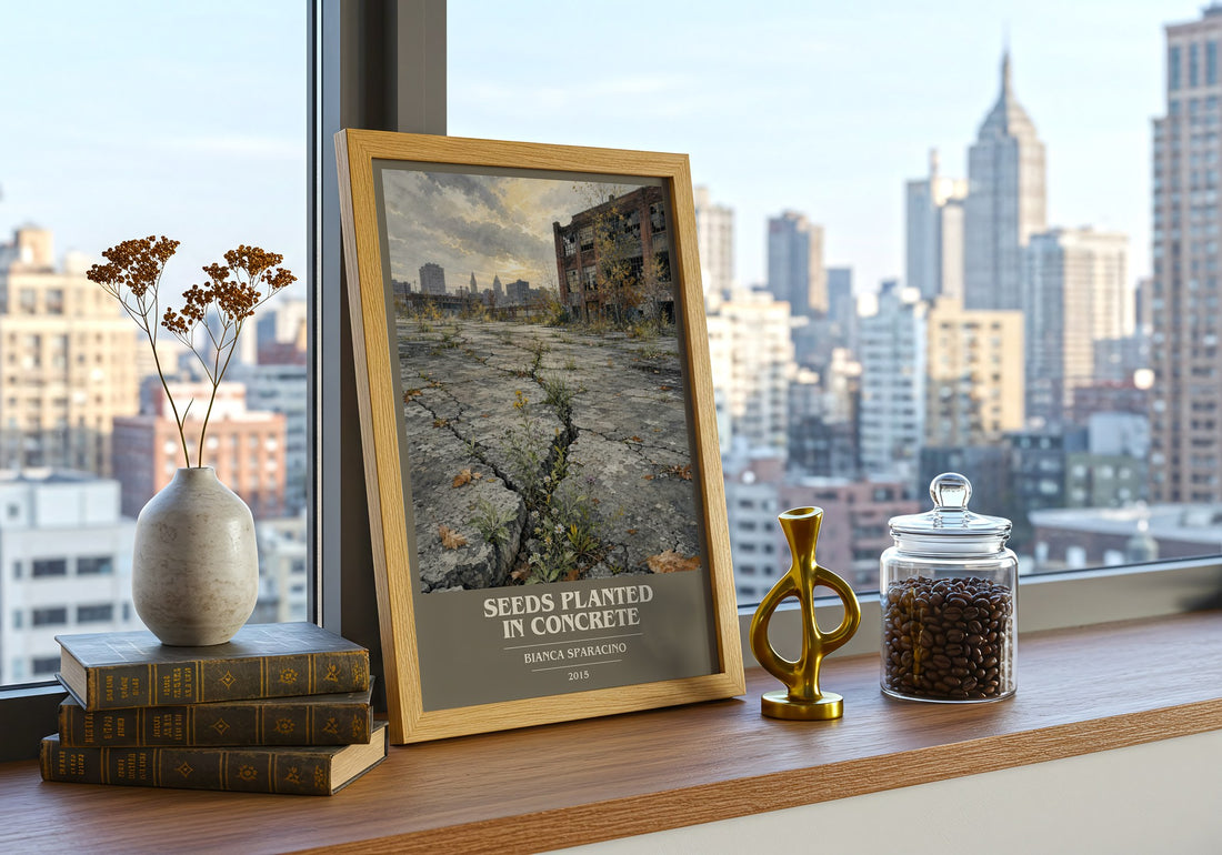 Seeds Planted in Concrete book cover print framed by window – literary home decor