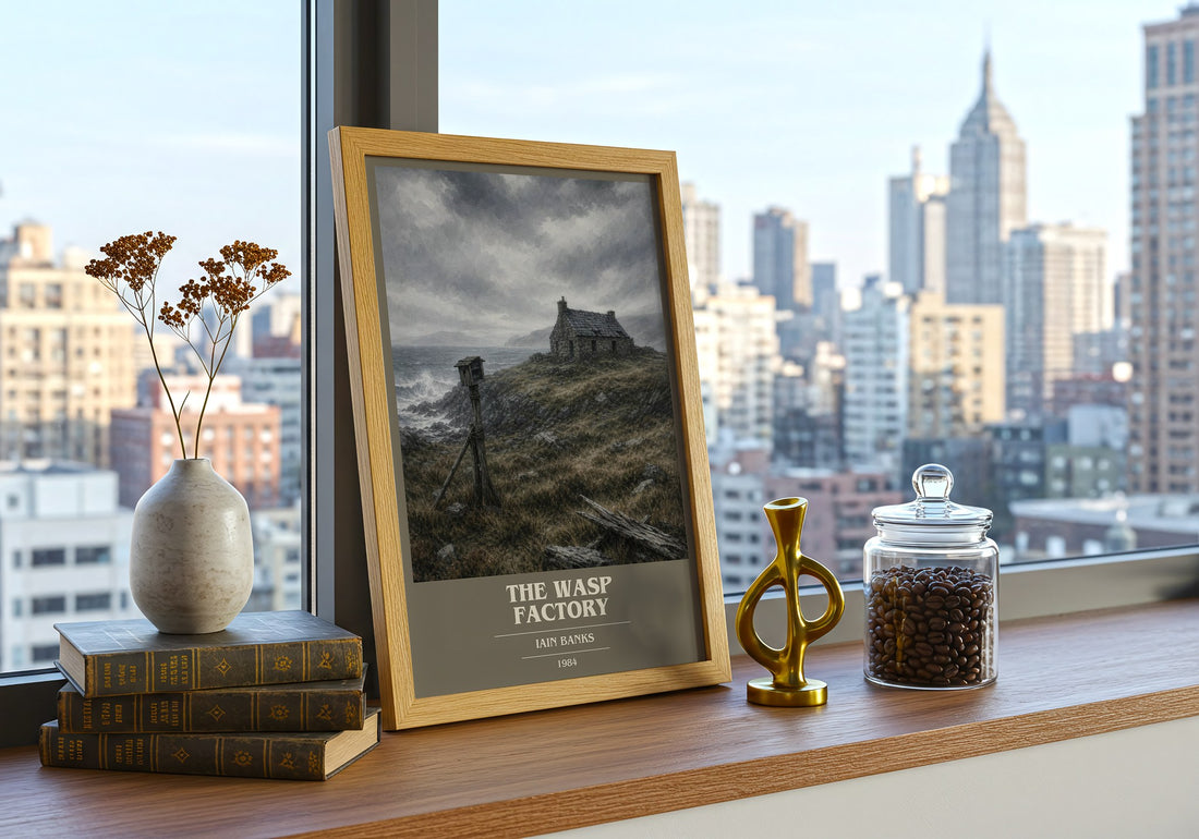 The Wasp Factory book cover print framed by window – literary home decor