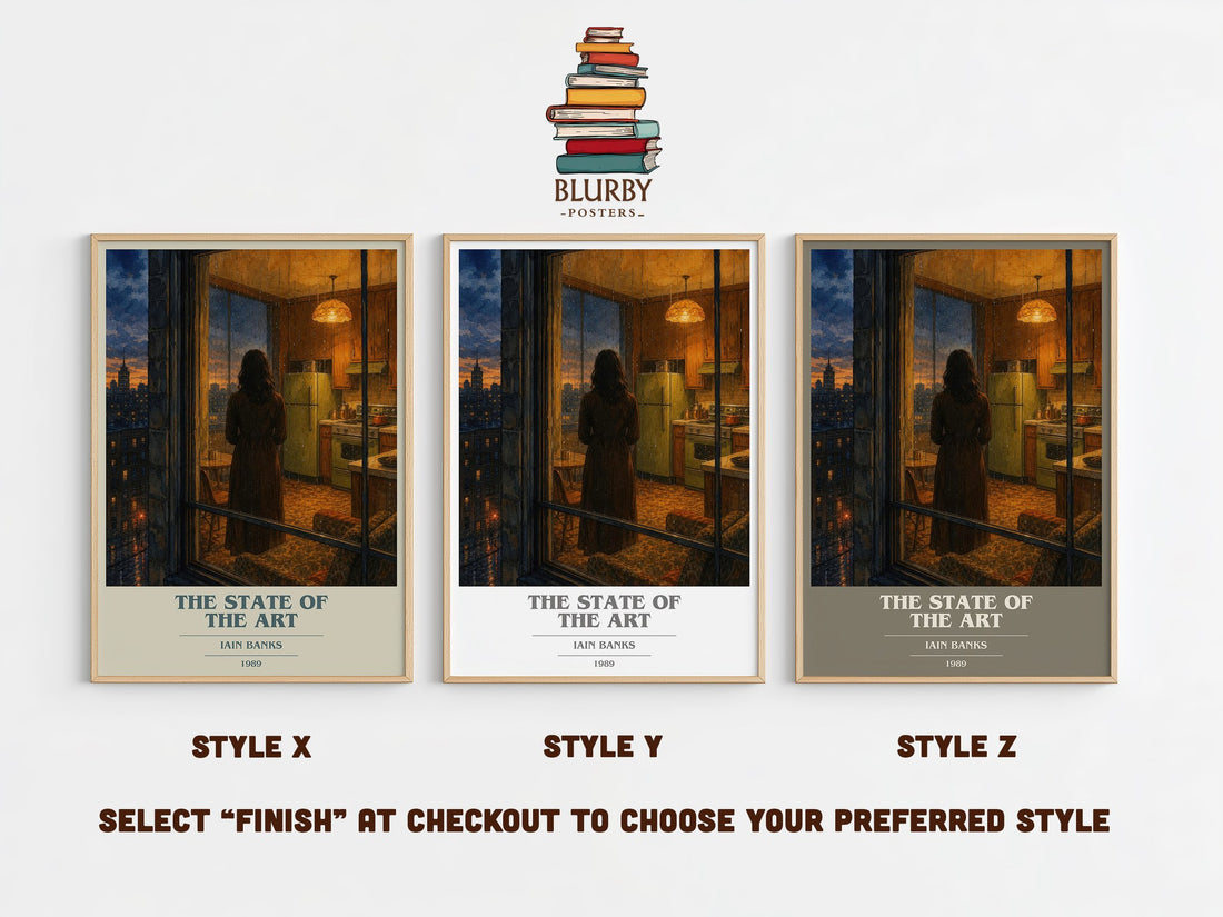 The State of the Art book cover print in frame leaning in hallway – sci fi wall art (mockup)
