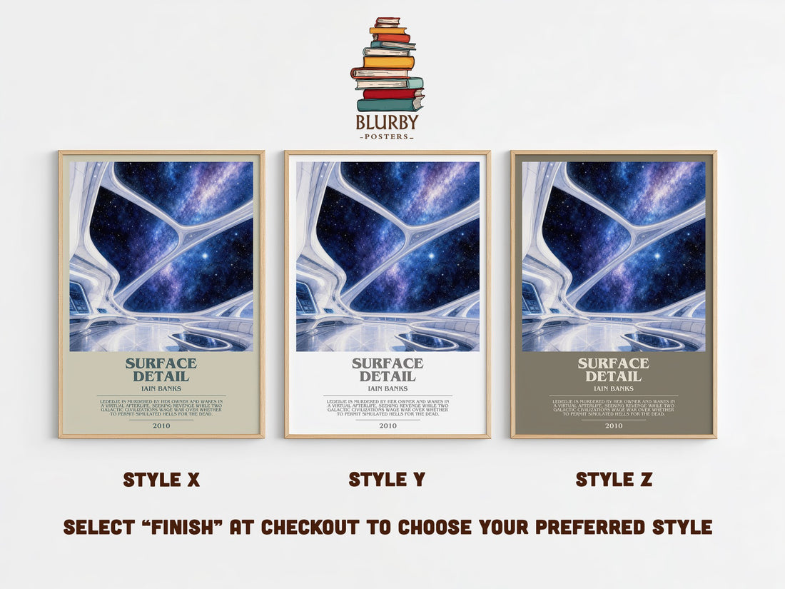 Surface Detail bookish print in frame leaning in hallway – sci fi wall art (mockup)