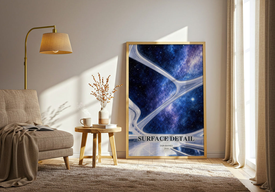 Surface Detail watercolour print in frame leaning in hallway – sci fi wall art