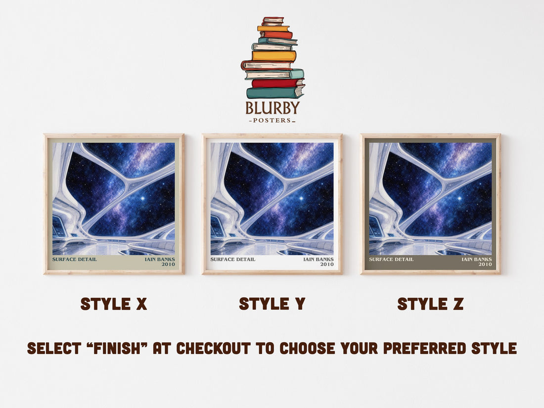 Surface Detail literary print in frame leaning in hallway – sci fi wall art (mockup)