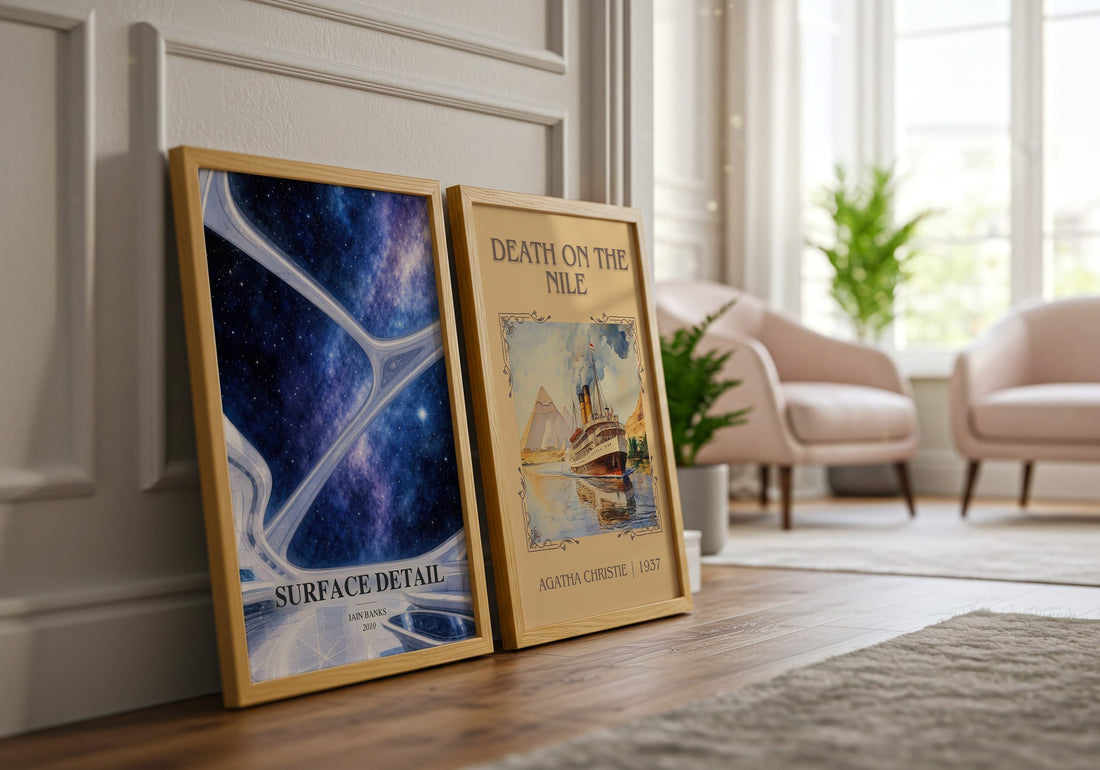 Surface Detail watercolour print framed by window – literary home decor