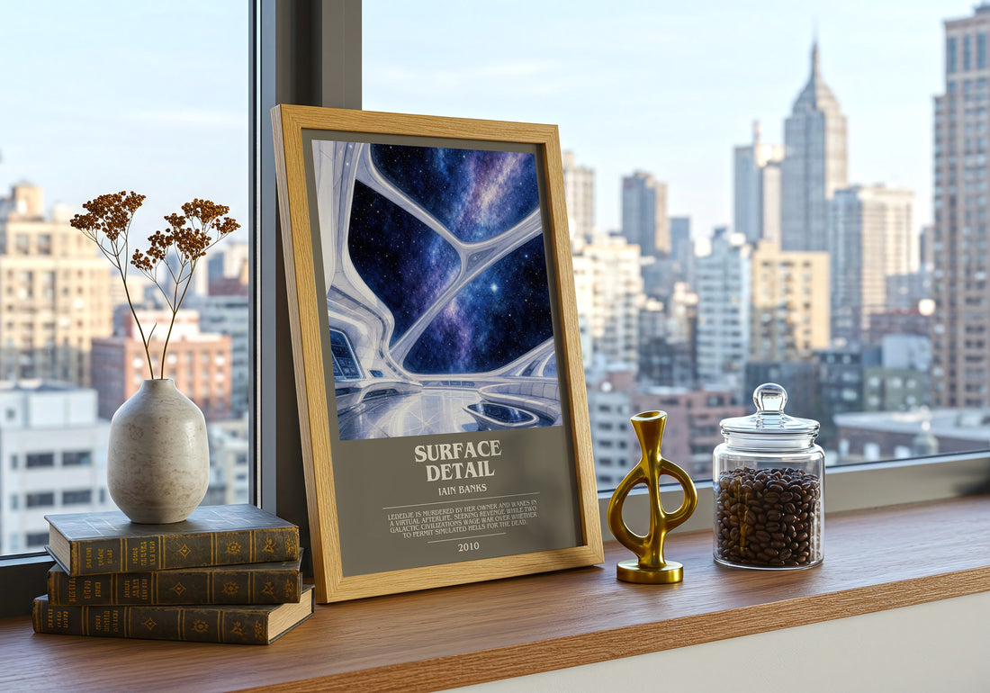 Surface Detail bookish print framed by window – literary home decor