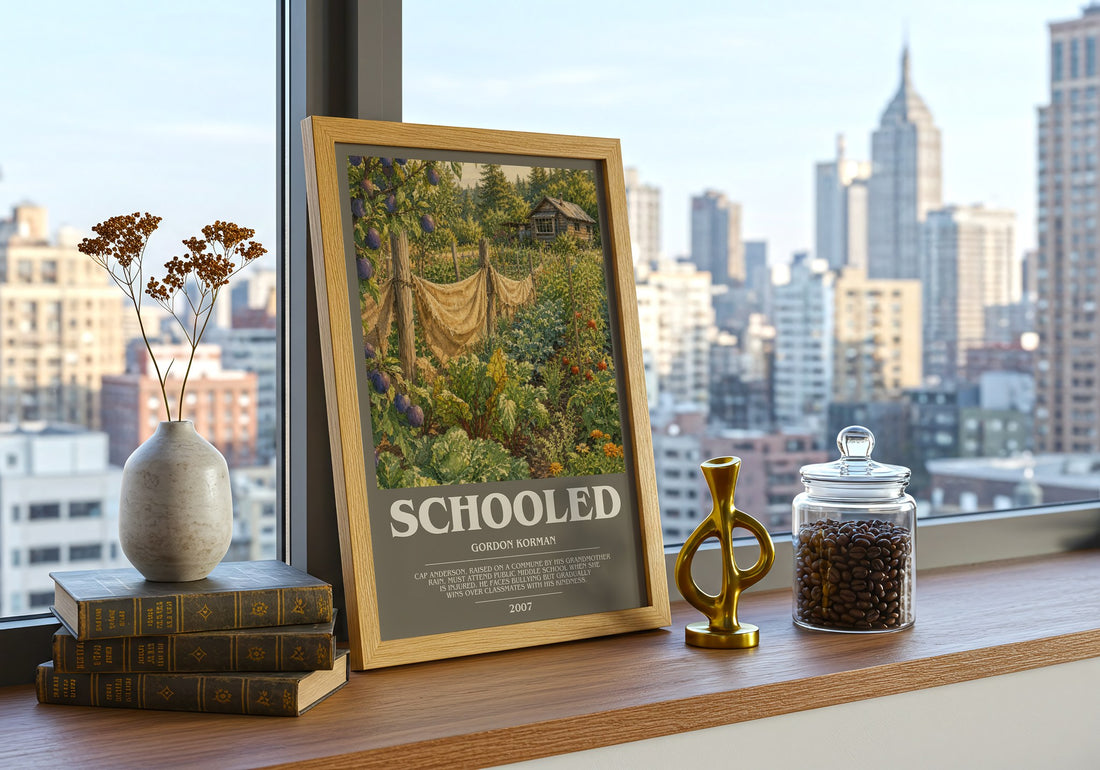 Schooled bookish print framed by window – literary home decor