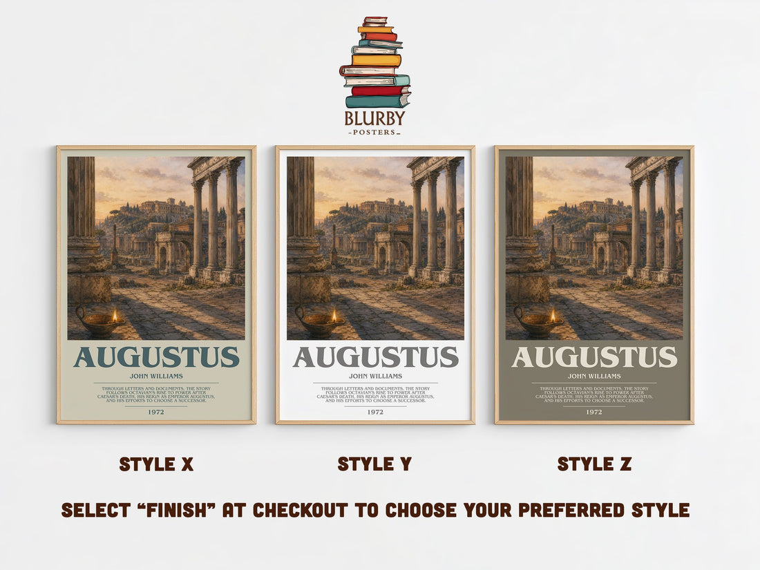 Augustus bookish print in frame leaning in hallway – historical fiction wall art (mockup)