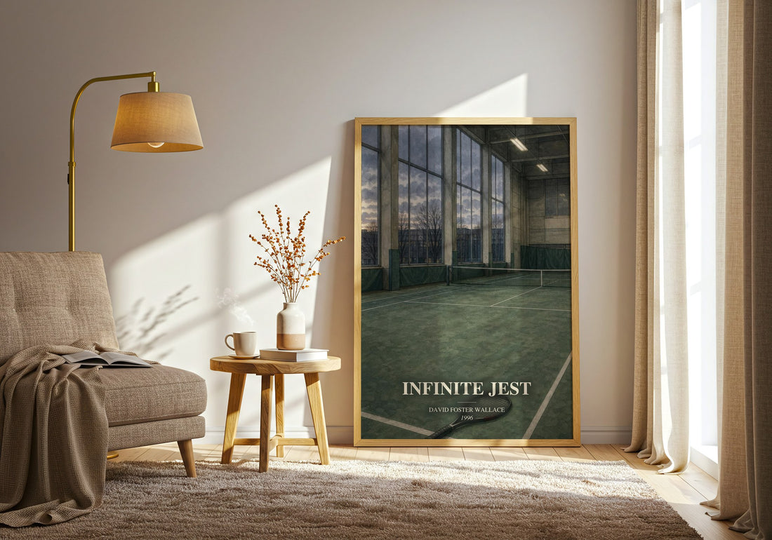 Infinite Jest watercolour print in frame leaning in hallway – contemporary fiction wall art