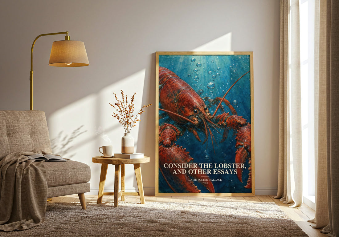 Consider the lobster, and other essays watercolour print in frame leaning in hallway – non fiction wall art