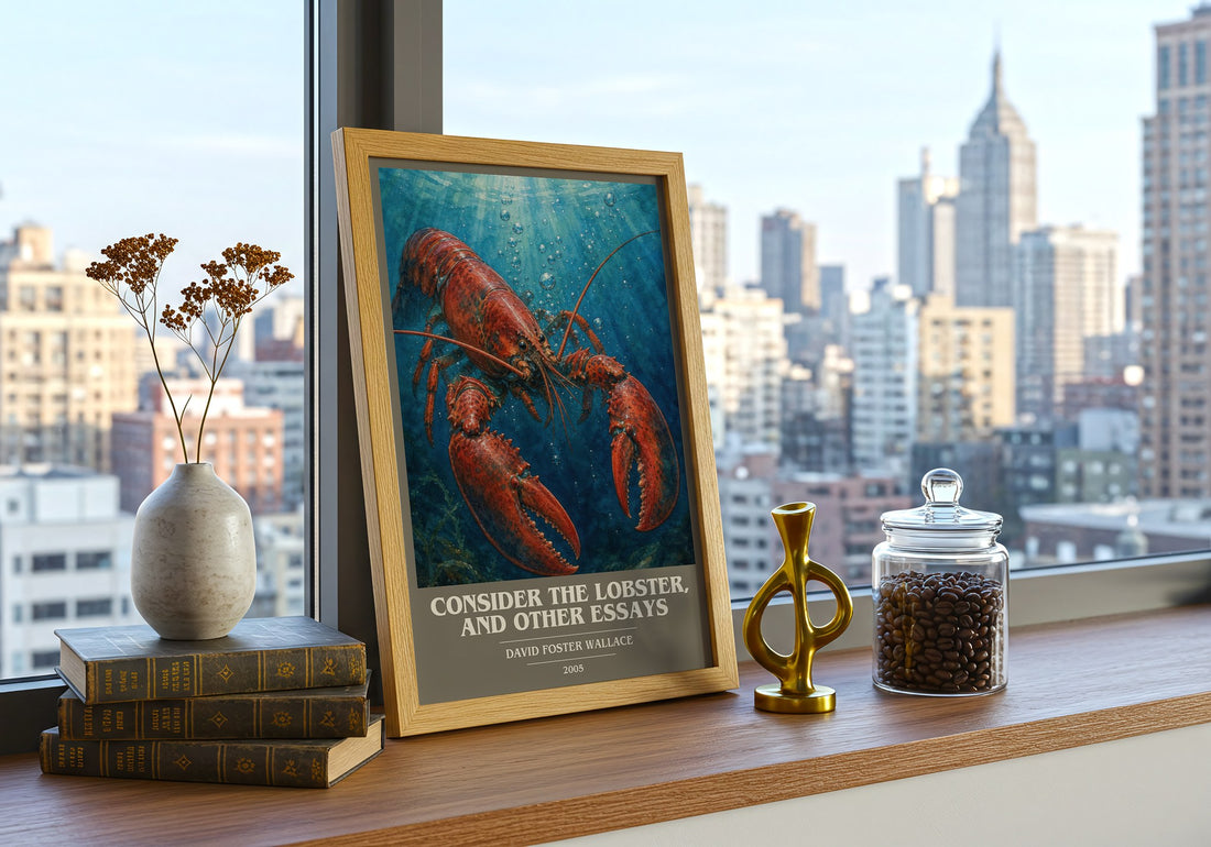 Consider the lobster, and other essays book cover print framed by window – literary home decor