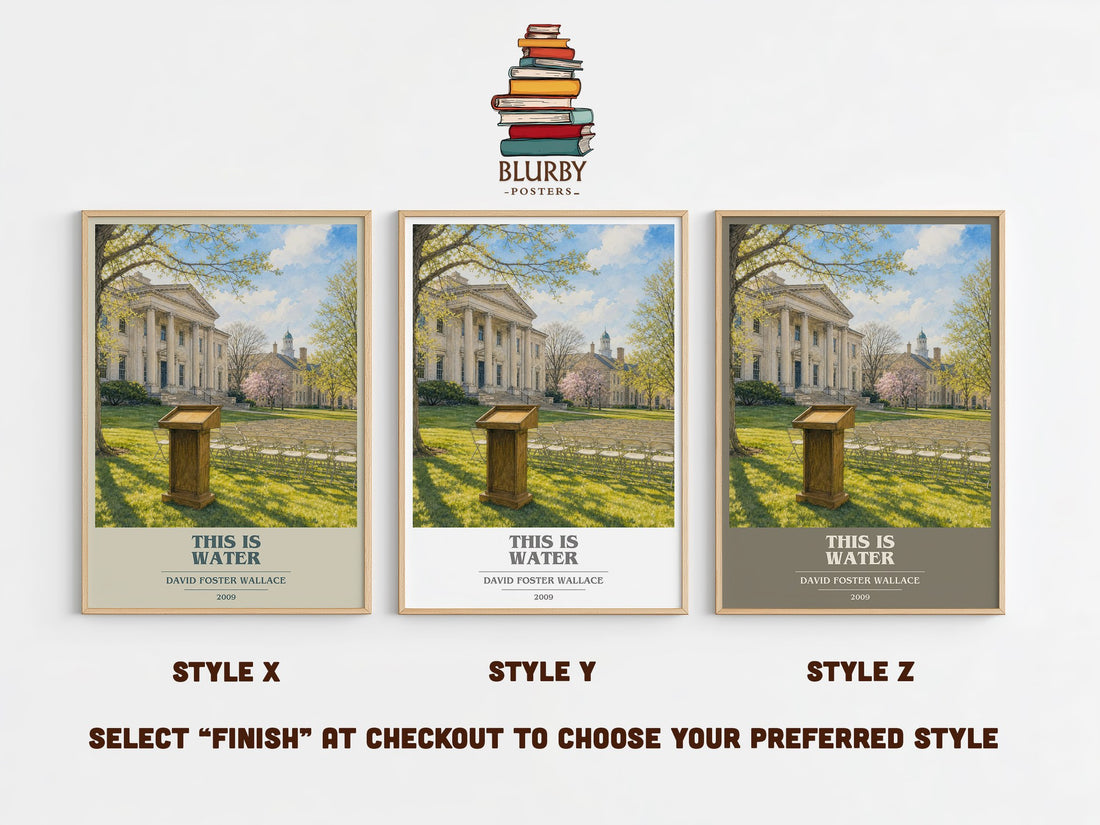 This is water book cover print in frame leaning in hallway – philosophy wall art (mockup)