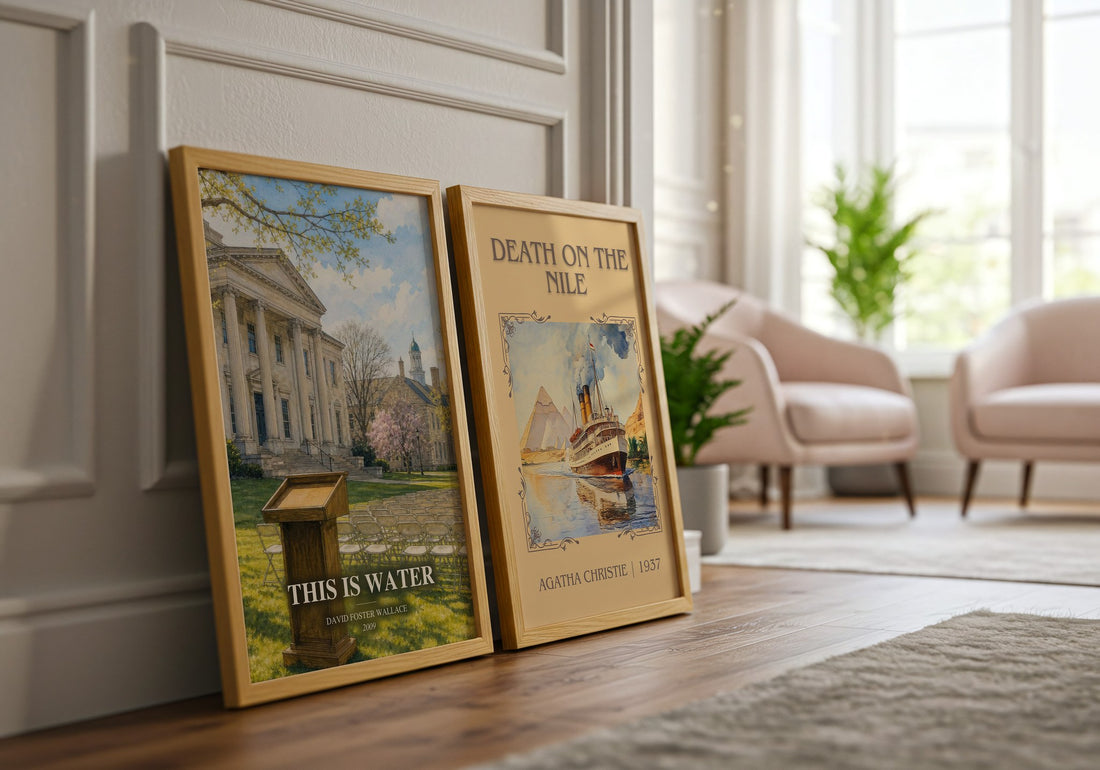 This is water watercolour print framed by window – literary home decor