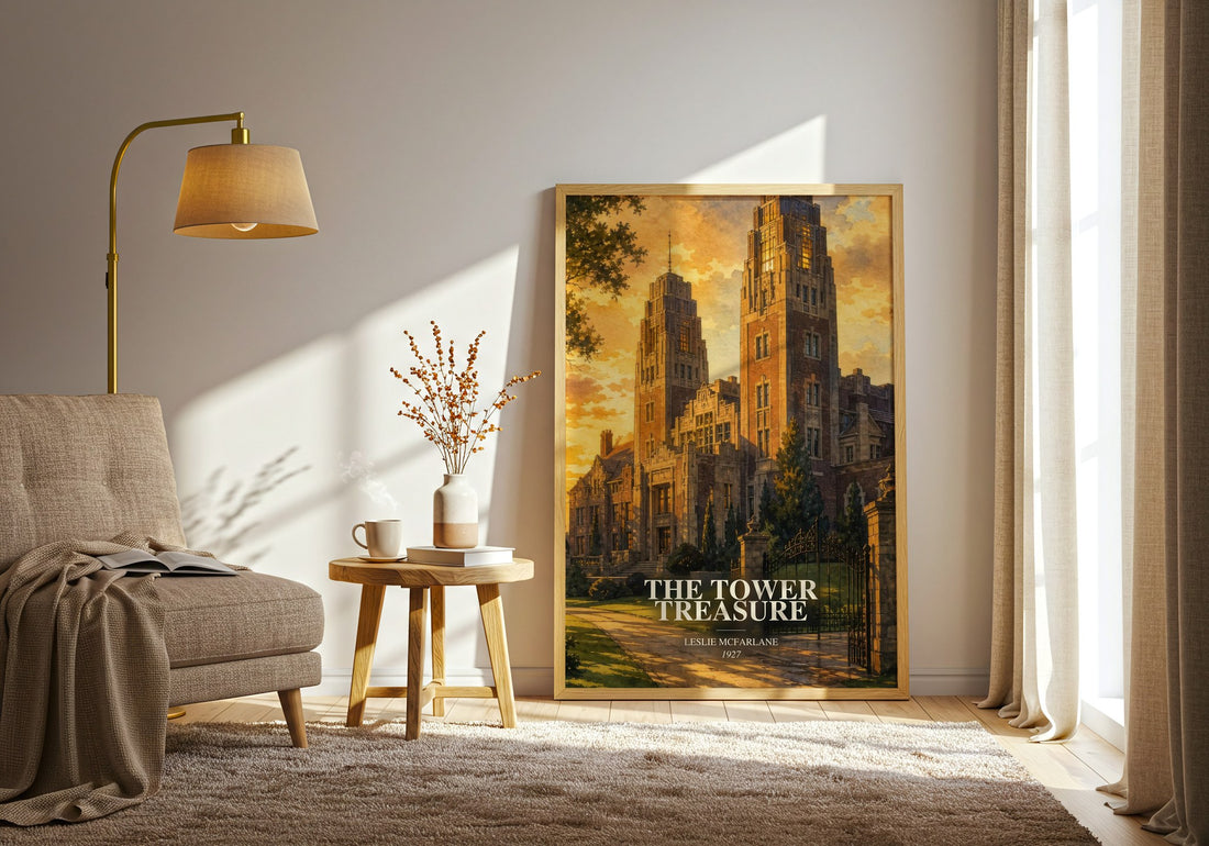 The tower treasure watercolour print in frame leaning in hallway – mystery wall art