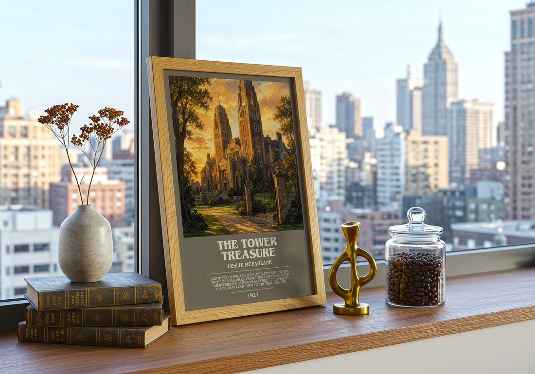 The tower treasure bookish print framed by window – literary home decor