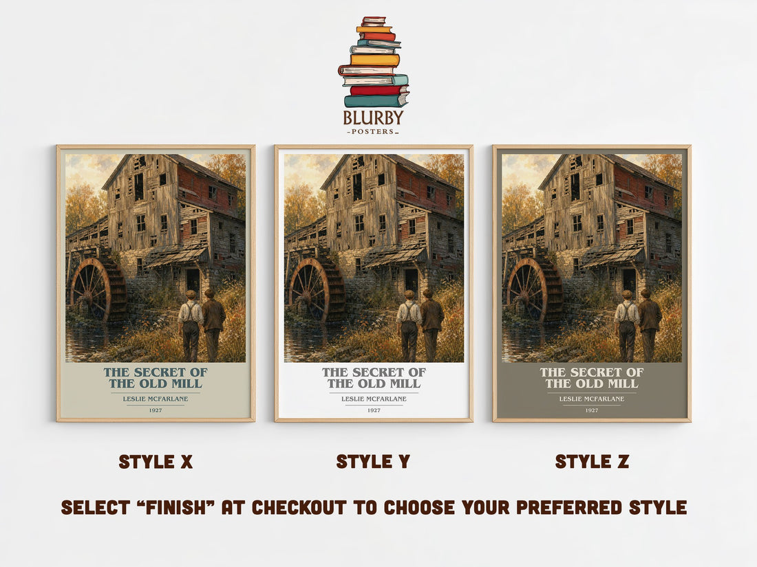 The secret of the old mill book cover print in frame leaning in hallway – mystery wall art (mockup)