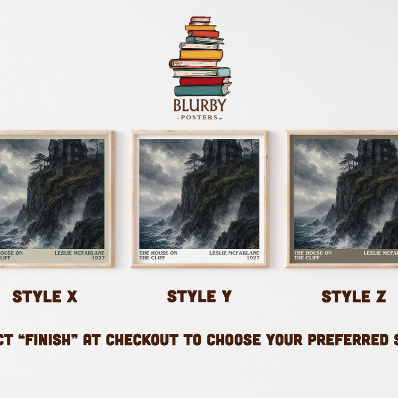 The House on the Cliff literary print in frame leaning in hallway – mystery wall art
