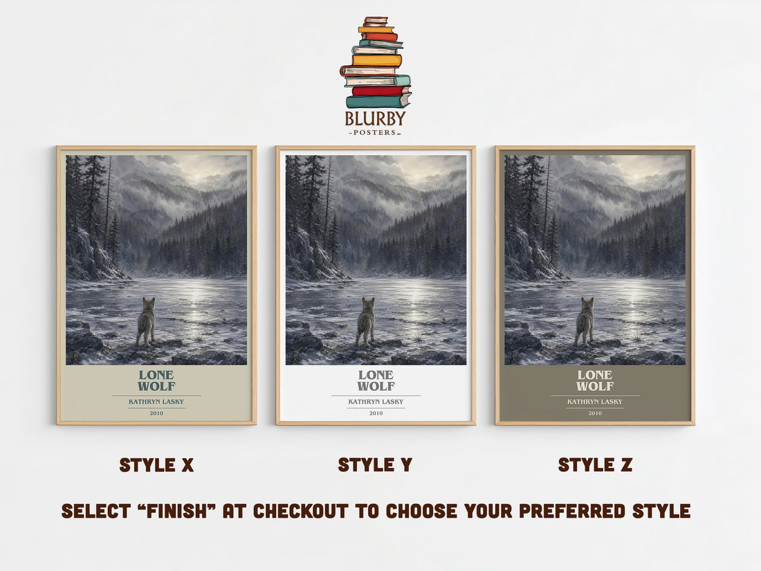Lone wolf book cover print in frame leaning in hallway – young adult wall art (mockup)