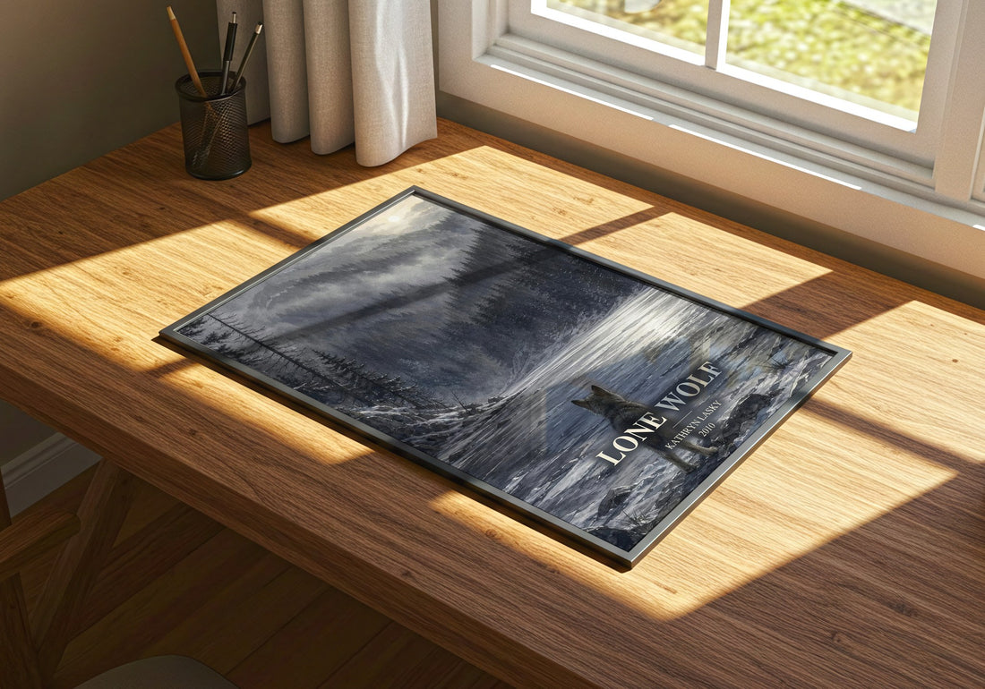 Lone wolf watercolour book poster framed on wall – young adult wall art