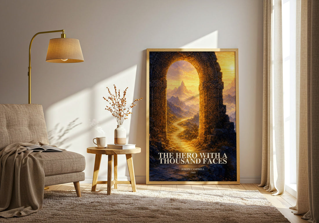 The hero with a thousand faces watercolour print in frame leaning in hallway – non fiction wall art