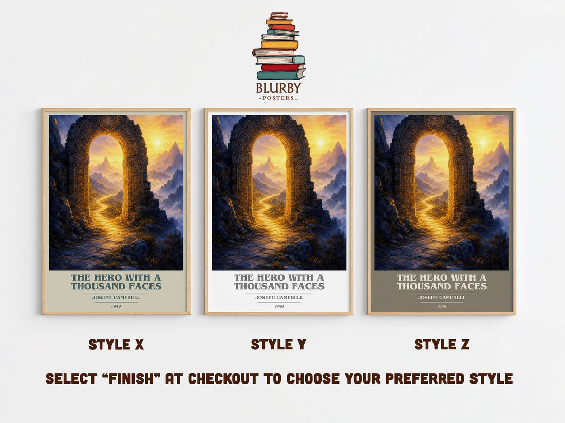 The hero with a thousand faces book cover print in frame leaning in hallway – non fiction wall art (mockup)
