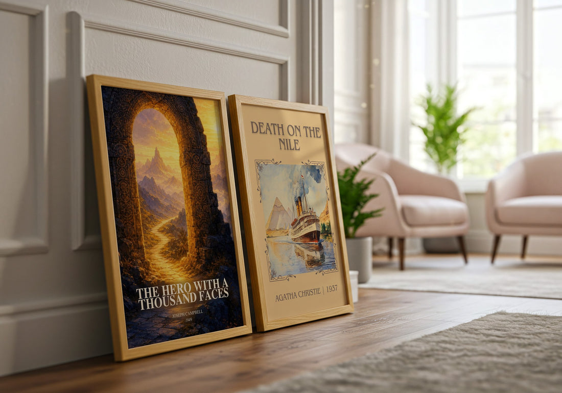 The hero with a thousand faces watercolour print framed by window – literary home decor