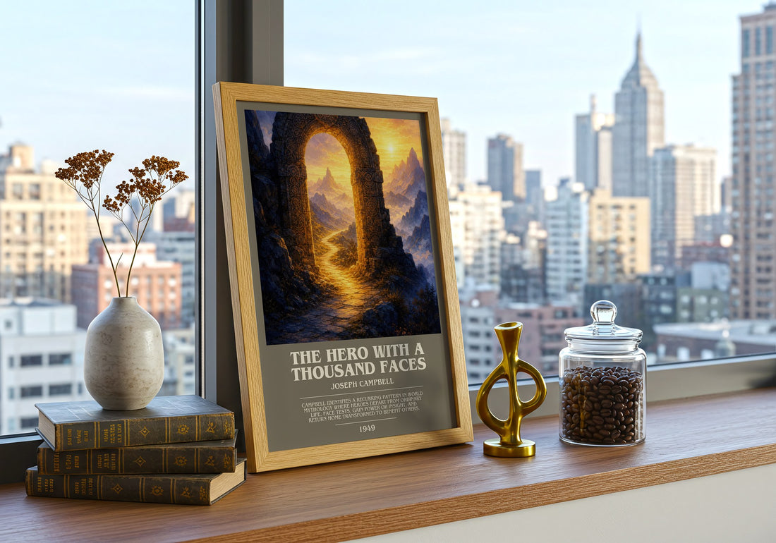 The hero with a thousand faces bookish print framed by window – literary home decor