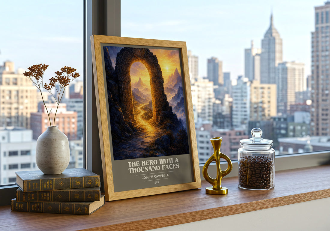 The hero with a thousand faces book cover print framed by window – literary home decor