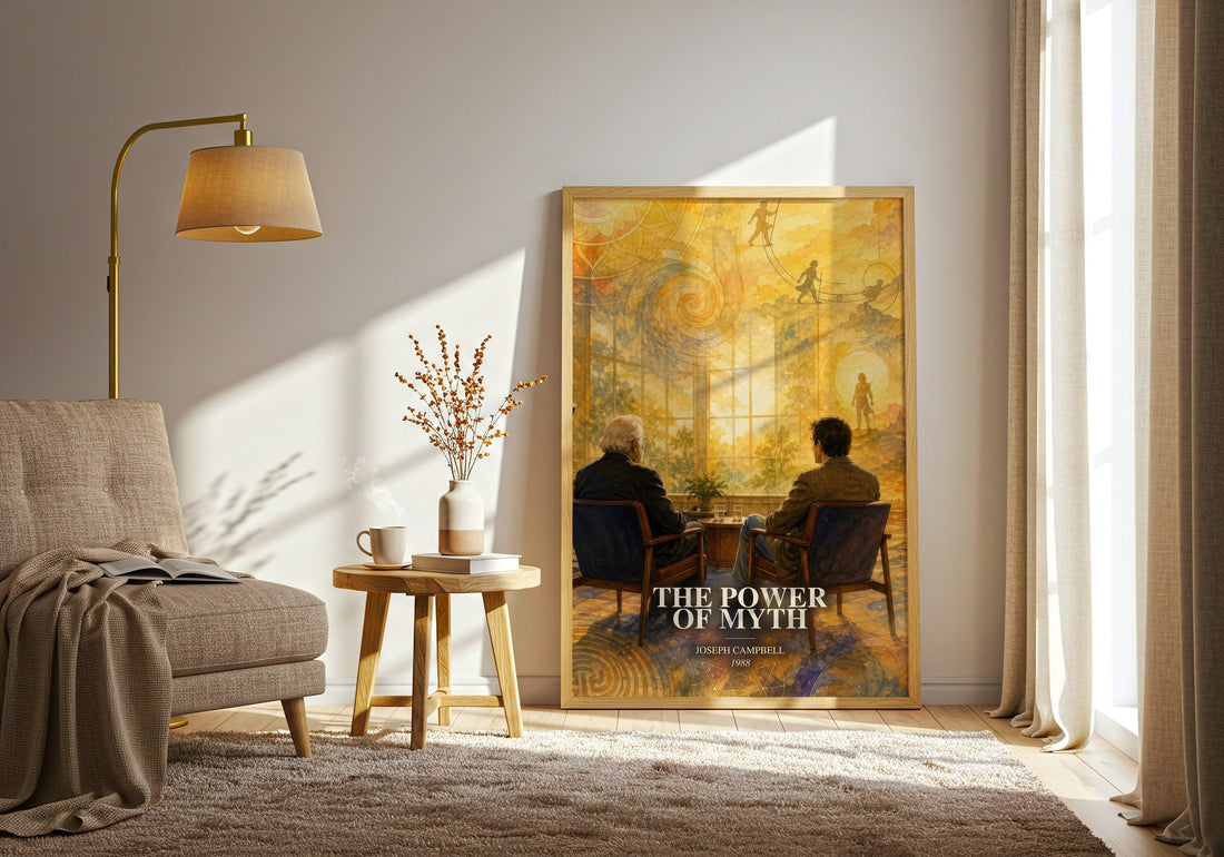 The Power of Myth watercolour print in frame leaning in hallway – non fiction wall art
