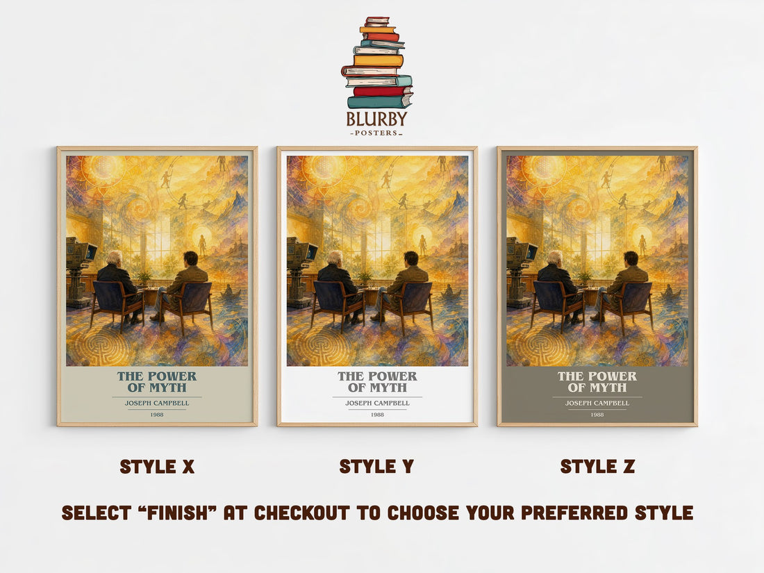 The Power of Myth book cover print in frame leaning in hallway – non fiction wall art (mockup)