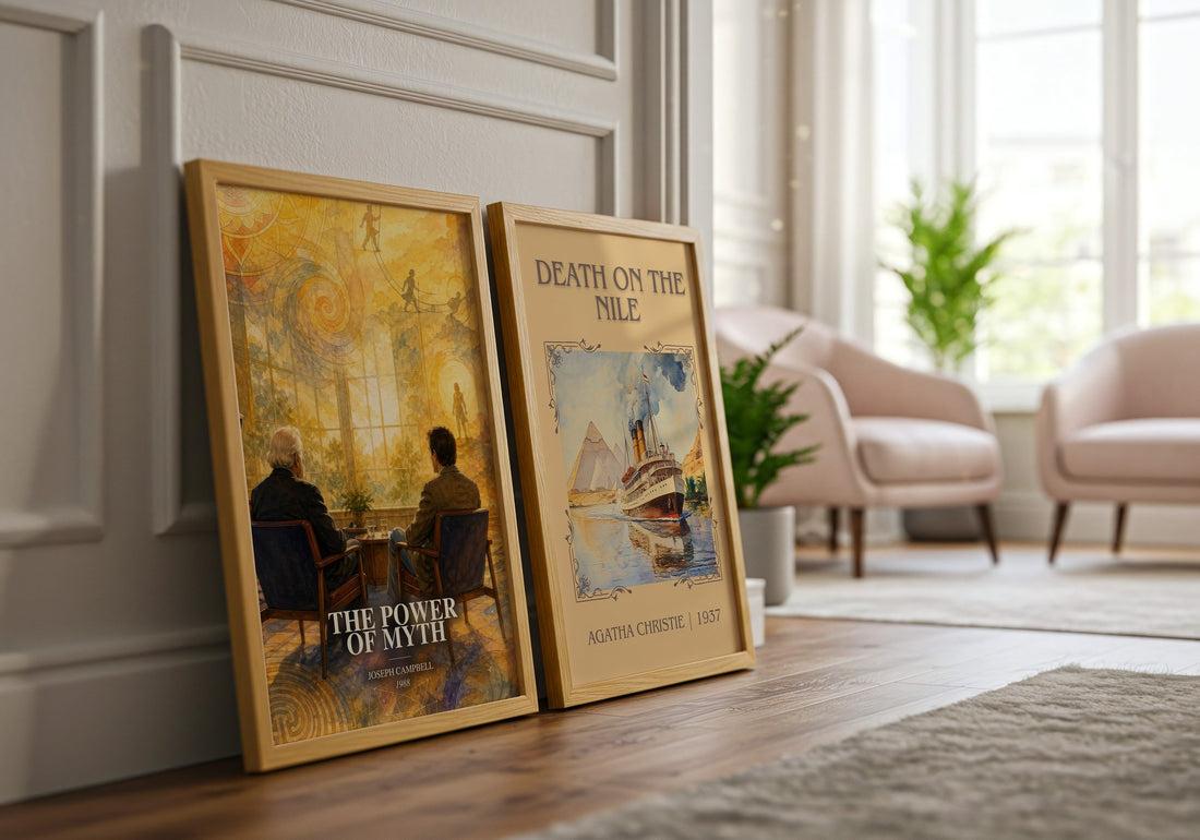 The Power of Myth watercolour print framed by window – literary home decor