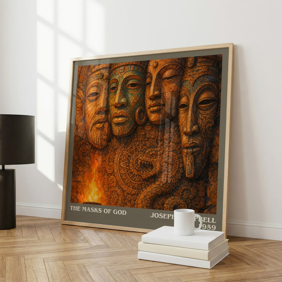 The masks of God literary print framed by window – literary home decor