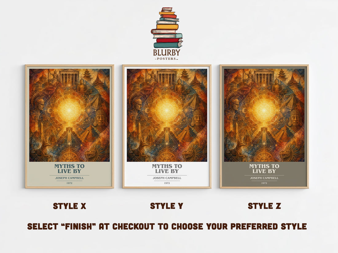 Myths to live by book cover print in frame leaning in hallway – philosophy wall art (mockup)