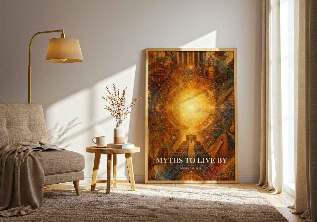 Myths to live by watercolour print in frame leaning in hallway – philosophy wall art