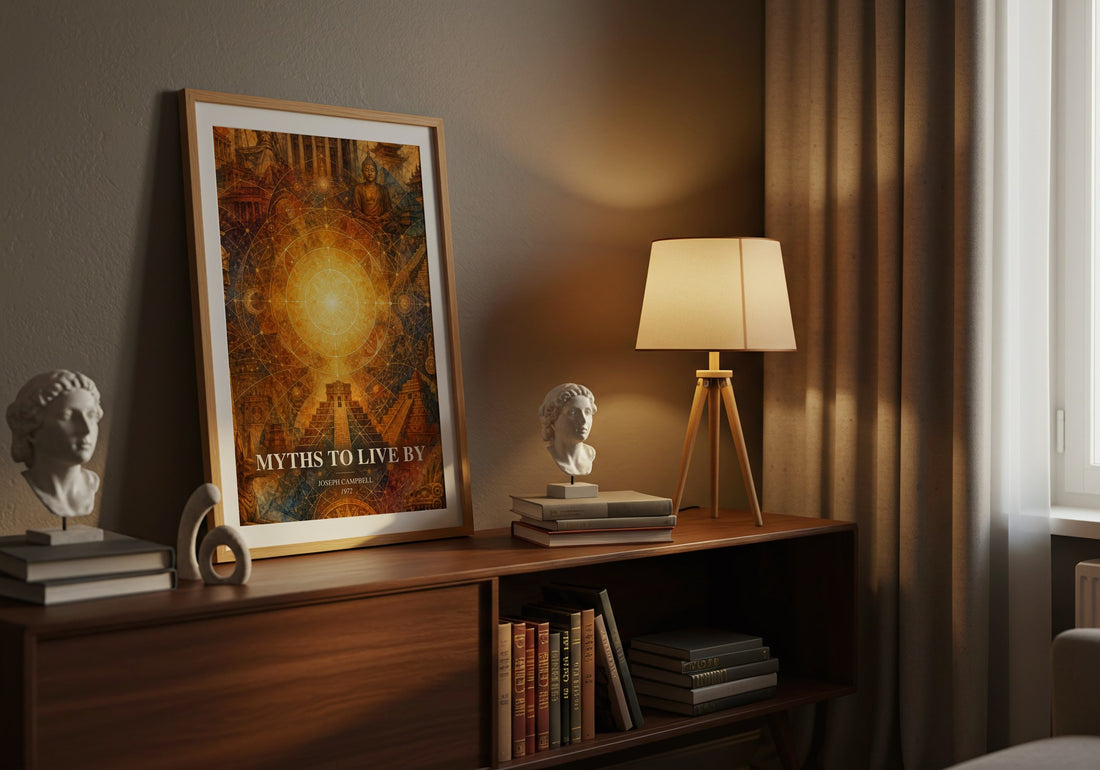 Myths to live by watercolour print on bookshelf – Joseph Campbell fan gift