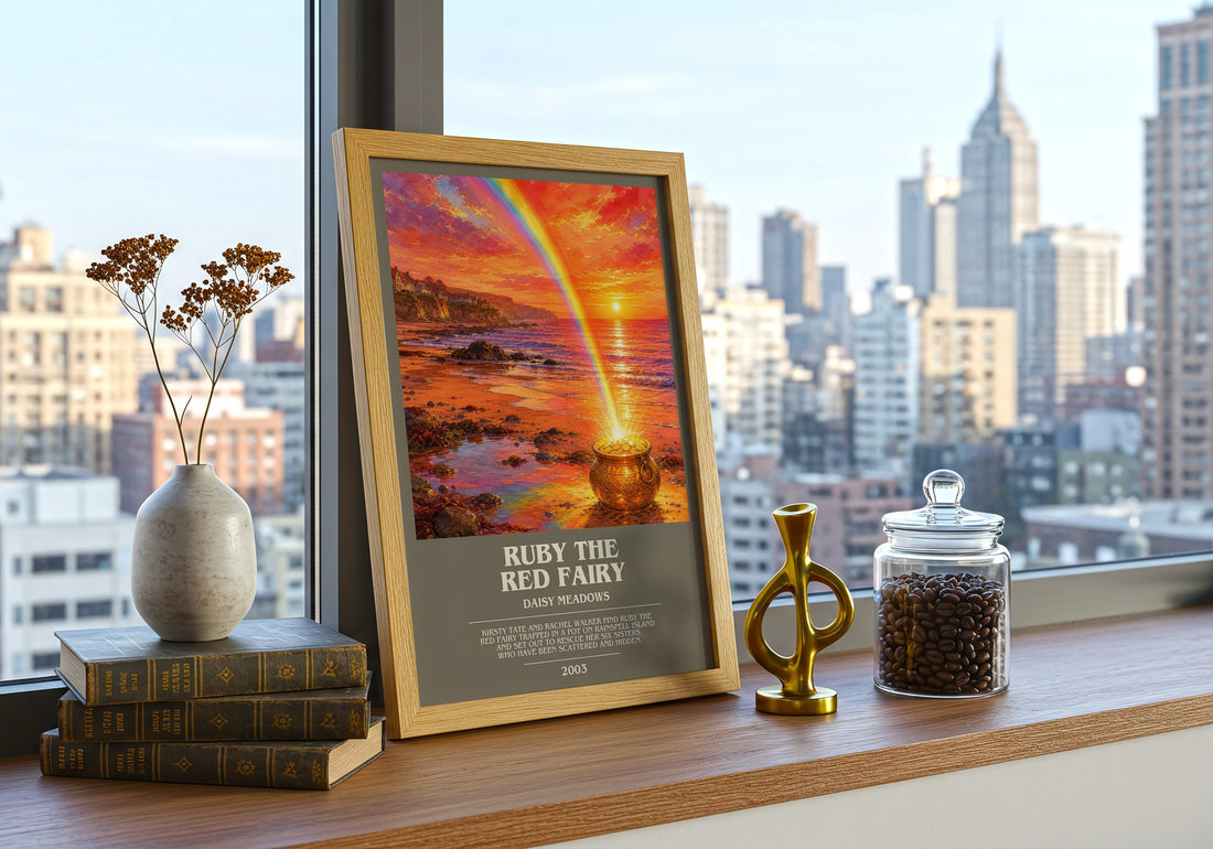 Ruby the Red Fairy bookish print framed by window – literary home decor