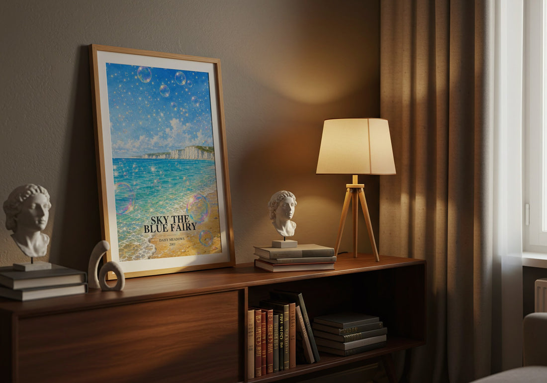 Sky the Blue Fairy watercolour print on bookshelf – Daisy Meadows fan gift