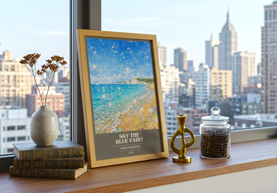 Sky the Blue Fairy book cover print framed by window – literary home decor