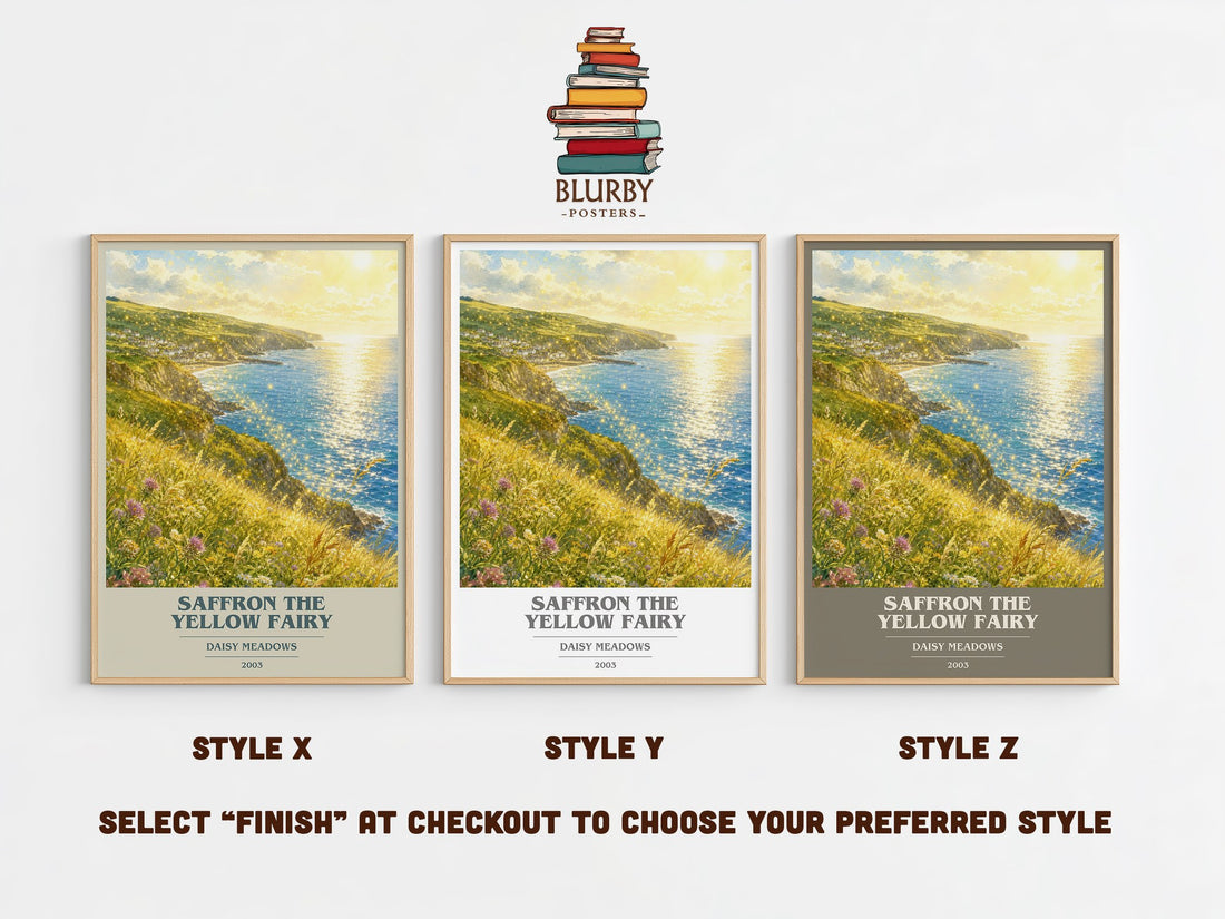 Saffron the Yellow Fairy book cover print in frame leaning in hallway – childrens wall art (mockup)