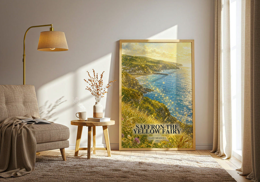 Saffron the Yellow Fairy watercolour print in frame leaning in hallway – childrens wall art