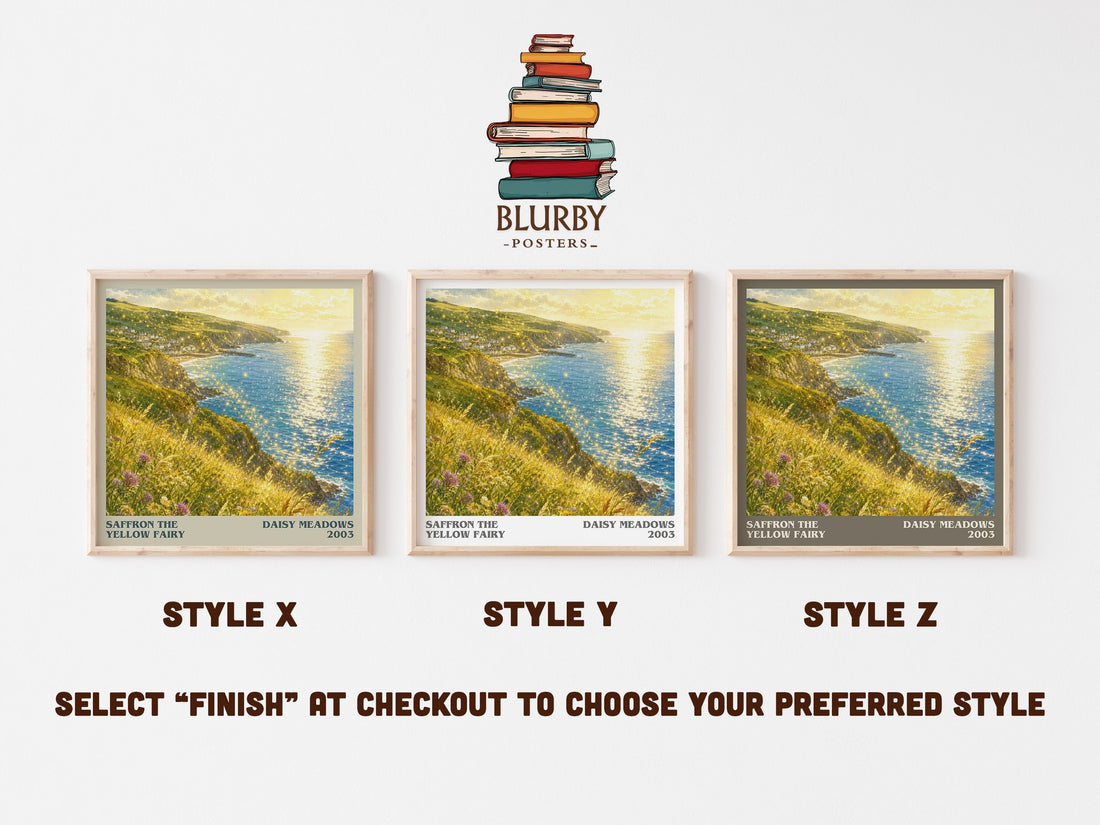 Saffron the Yellow Fairy literary print in frame leaning in hallway – childrens wall art (mockup)