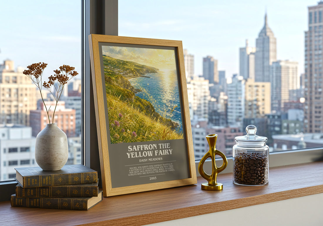 Saffron the Yellow Fairy bookish print framed by window – literary home decor