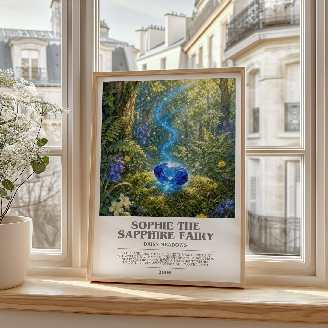 Sophie the Sapphire Fairy bookish poster colour and style options – Daisy Meadows book art