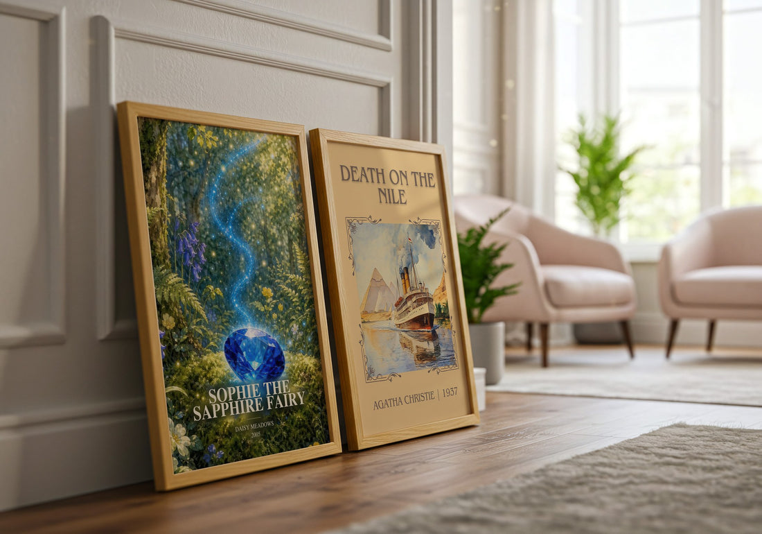 Sophie the Sapphire Fairy watercolour print framed by window – literary home decor